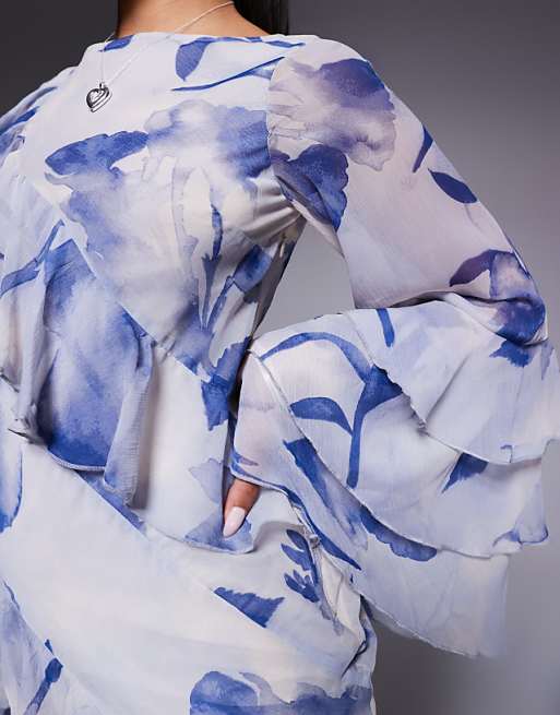 ASOS DESIGN Ruffle Bias Maxi Dress With Extreme Tiered Sleeve In Blue Floral Print