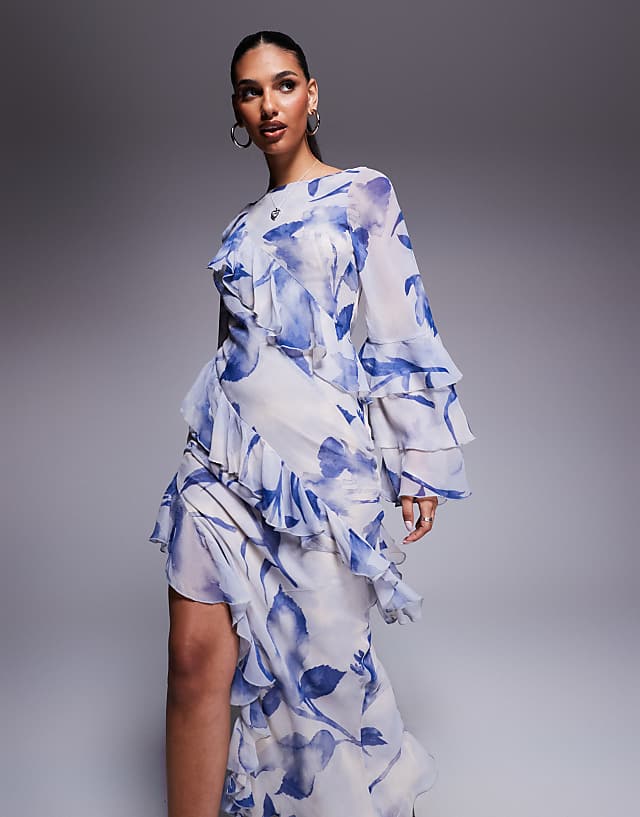 ASOS DESIGN Ruffle Bias Maxi Dress With Extreme Tiered Sleeve In Blue Floral Print
