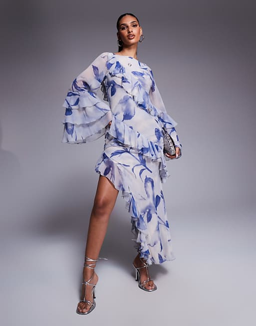 ASOS DESIGN ruffle bias maxi dress with extreme tiered sleeve in blue floral print