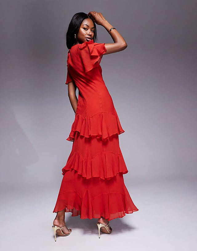 ASOS DESIGN Ruffle Chiffon Maxi Dress In Dusky Red