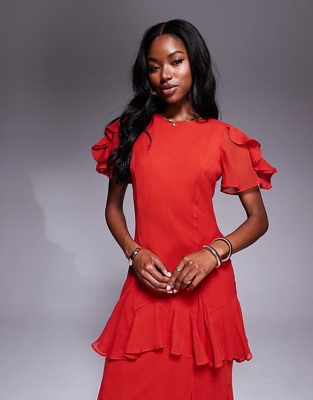 ASOS DESIGN Ruffle Chiffon Maxi Dress In Dusky Red