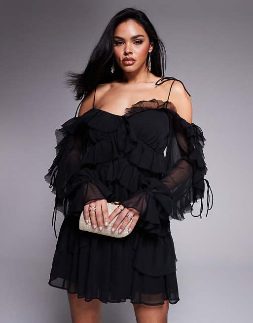 ASOS DESIGN Ruffle Off Shoulder Tiered Mini Dress In Black