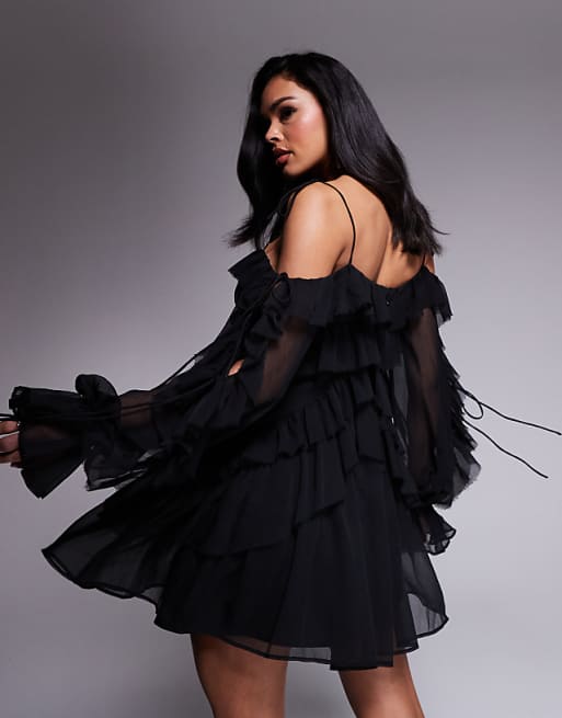 ASOS DESIGN Ruffle Off Shoulder Tiered Mini Dress In Black