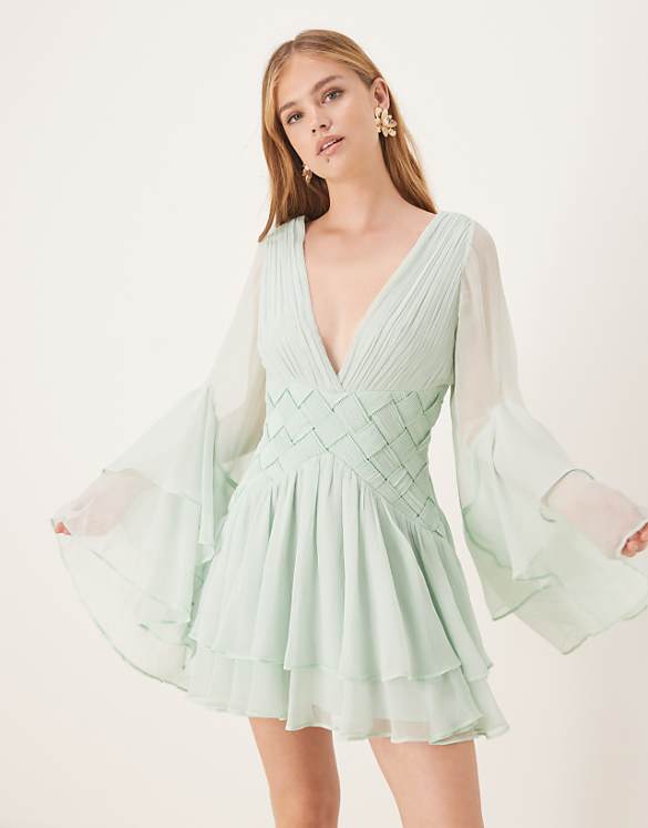 ASOS DESIGN ruffle tiered mini dress with weave detail in pale blue