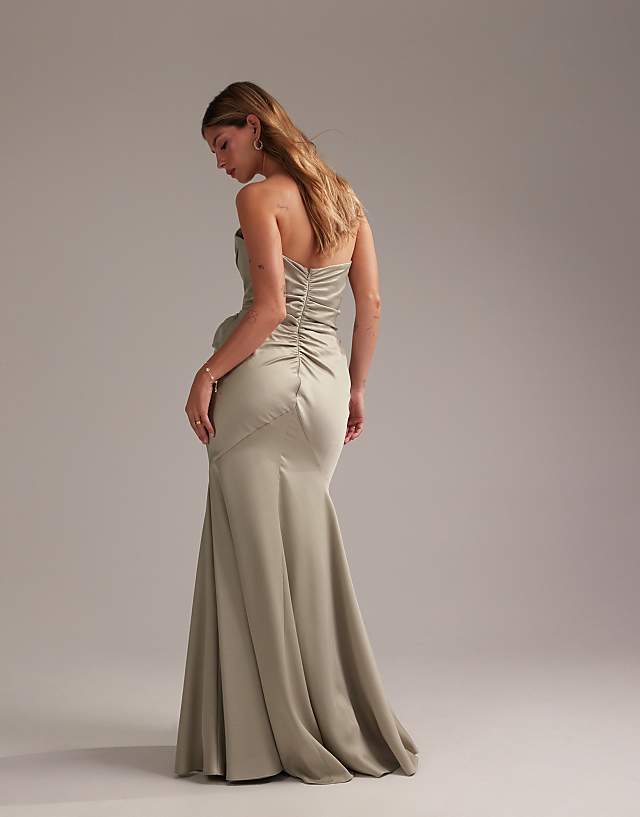 ASOS DESIGN Satin Bandeau Bridesmaid Maxi Dress In Light Green