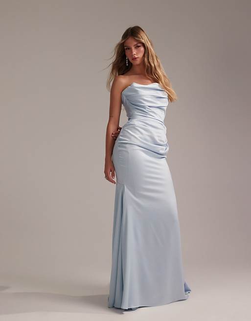 ASOS DESIGN satin bandeau bridesmaid maxi dress in light blue