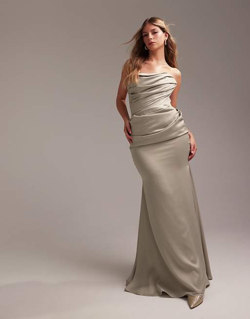 ASOS DESIGN satin bandeau bridesmaid maxi dress in light green