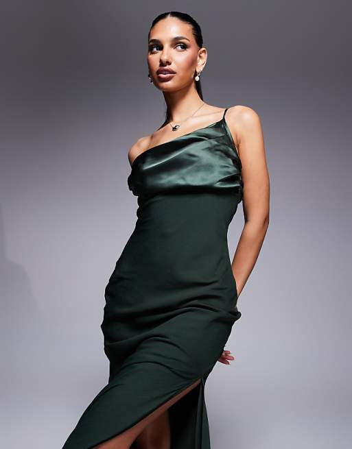 ASOS DESIGN Satin Chiffon Mix Draped One Shoulder Maxi Dress In Dark Green
