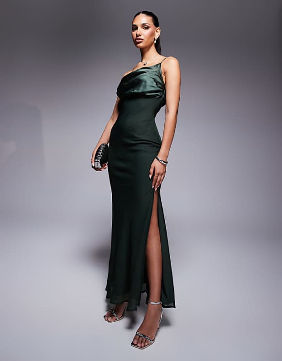 ASOS DESIGN satin chiffon mix draped one shoulder maxi dress in dark green
