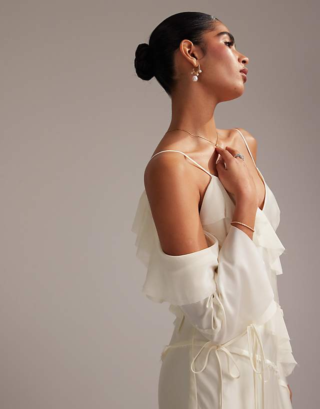 ASOS DESIGN Satin Chiffon Mix Ruffle Cold Shoulder Maxi Dress In Ivory