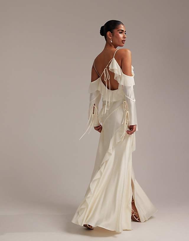 ASOS DESIGN Satin Chiffon Mix Ruffle Cold Shoulder Maxi Dress In Ivory