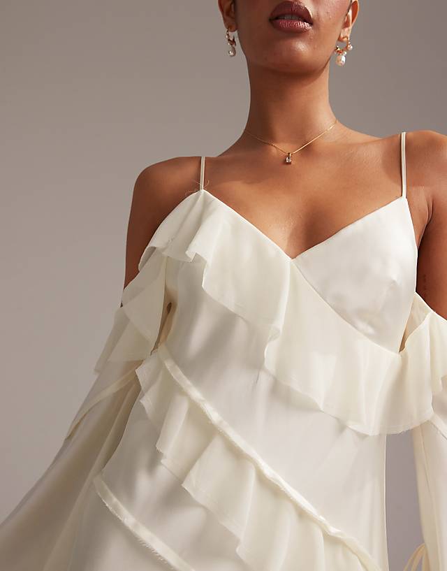 ASOS DESIGN Satin Chiffon Mix Ruffle Cold Shoulder Maxi Dress In Ivory
