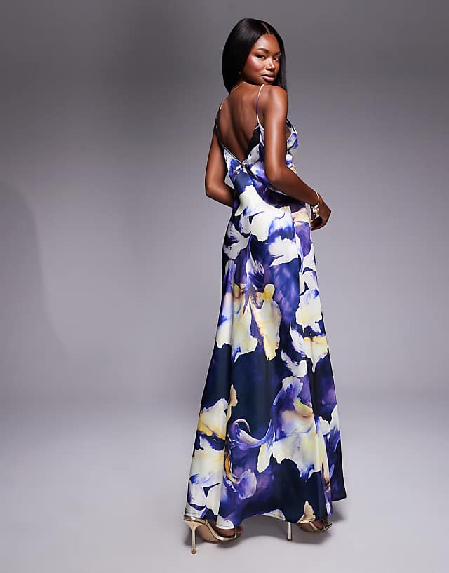 ASOS DESIGN Satin Chiffon Mix Square High Neck Maxi Dress In Black Based Print