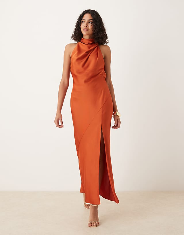 ASOS DESIGN Satin Halterneck Maxi Dress With Cowl Back Detail In Rust