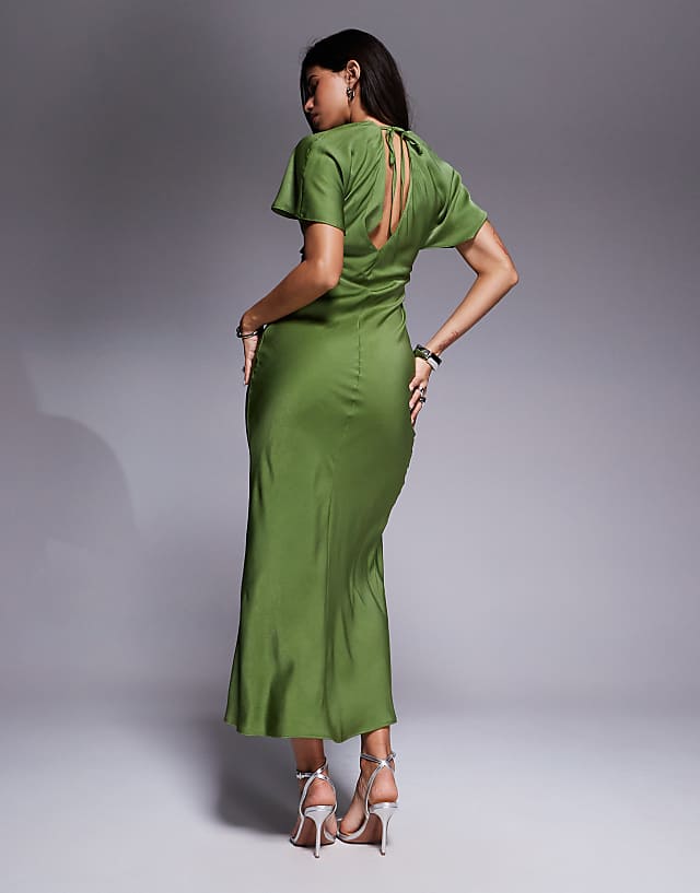 ASOS DESIGN Satin Knot Detail Cutout Midaxi Dress In Green
