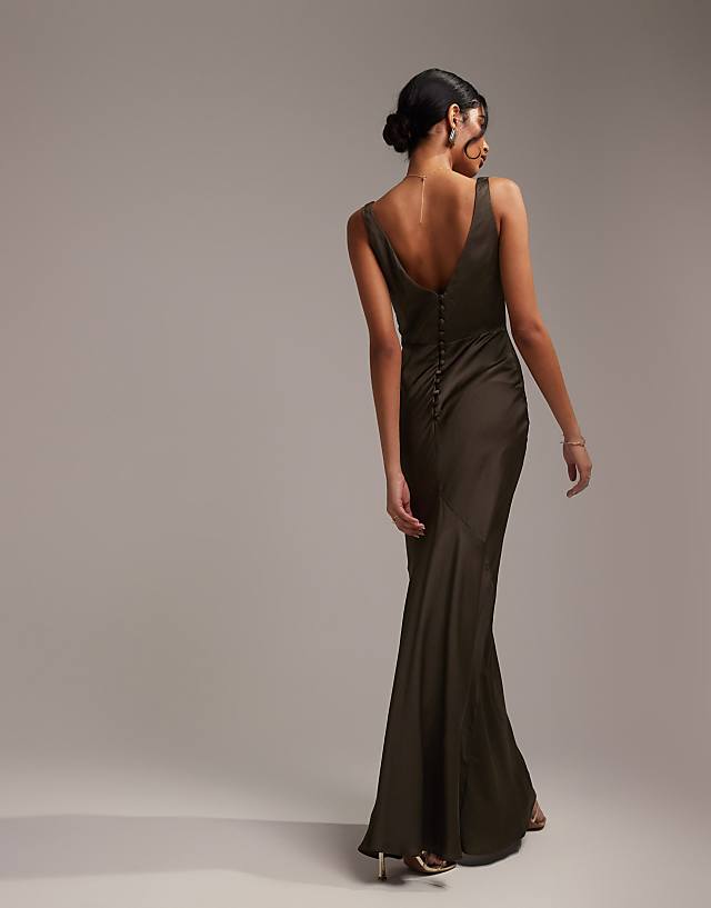 ASOS DESIGN Satin Maxi Dress With Twist Front Detail In Forest Green
