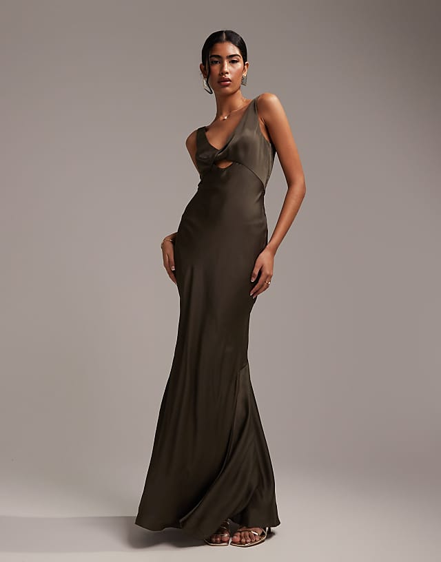ASOS DESIGN Satin Maxi Dress With Twist Front Detail In Forest Green