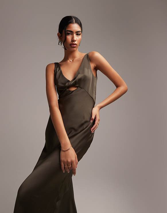 ASOS DESIGN satin maxi dress with twist front detail in forest green