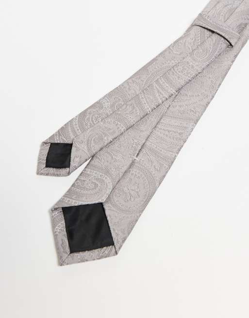 ASOS DESIGN Satin Paisley Tie And Pocket Square In Stone