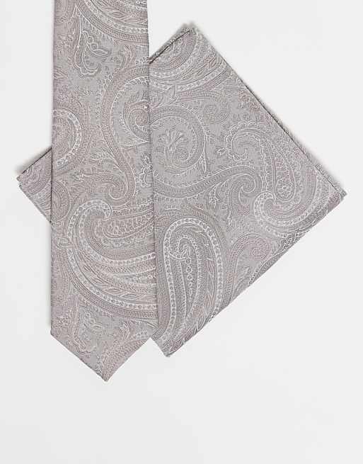 ASOS DESIGN satin paisley tie and pocket square in stone