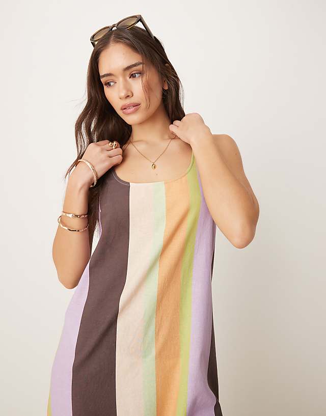 ASOS DESIGN Scoop Neck Cotton Linen Midi Dress In Stripe