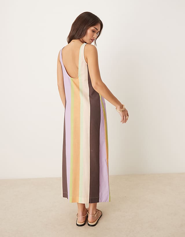 ASOS DESIGN Scoop Neck Cotton Linen Midi Dress In Stripe