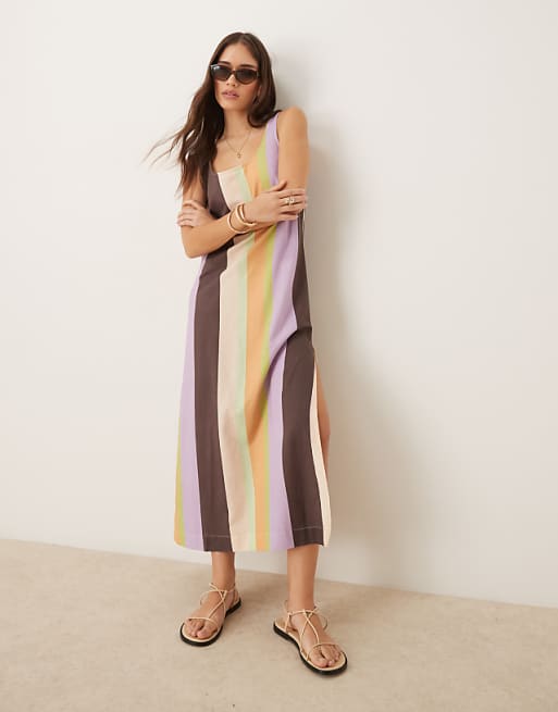 ASOS DESIGN scoop neck cotton linen midi dress in stripe
