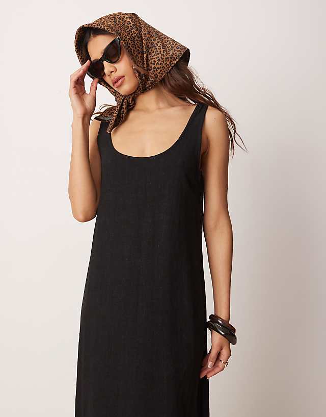 ASOS DESIGN Scoop Neck Midi Dress In Linen In Black