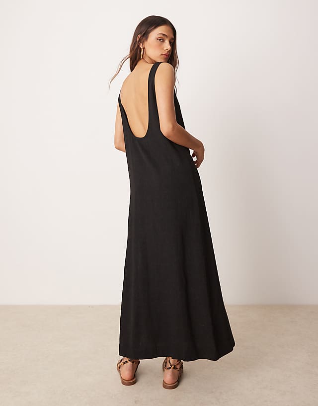 ASOS DESIGN scoop neck midi dress in linen in black