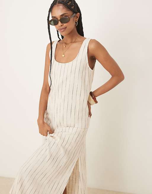 ASOS DESIGN Scoop Neck Midi Dress In Natural Squiggle Linen