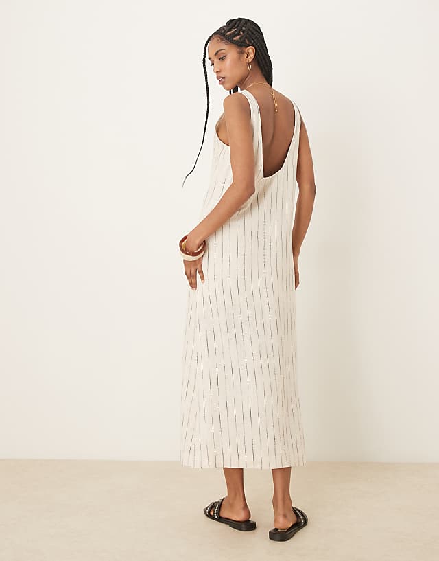 ASOS DESIGN Scoop Neck Midi Dress In Natural Squiggle Linen