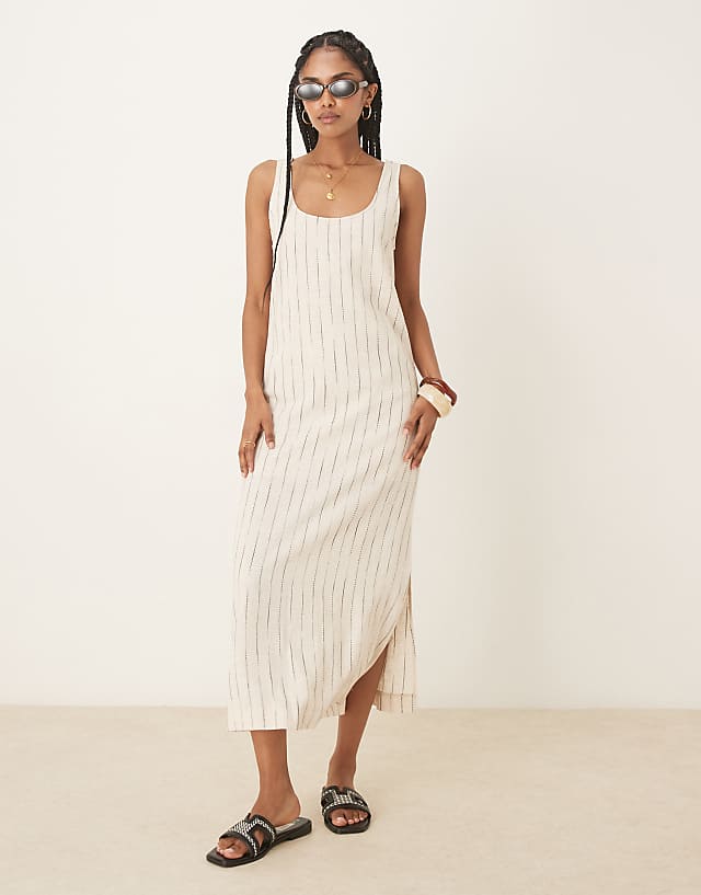 ASOS DESIGN Scoop Neck Midi Dress In Natural Squiggle Linen