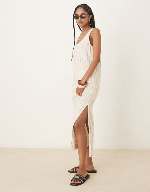 ASOS DESIGN scoop neck midi dress in natural squiggle linen