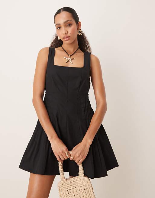 ASOS DESIGN Scoop Neck Pleat Waist Mini Dress In Black