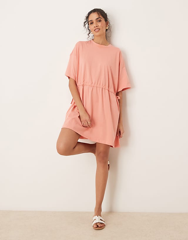 ASOS DESIGN Short Sleeve Mini Dress With Channel Waist In Terracotta