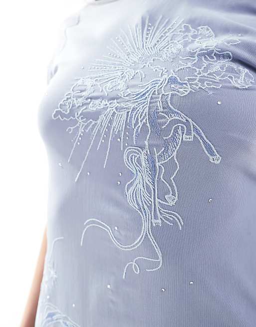 ASOS DESIGN Short Sleeve With Floral Embroidery Mini Dress In Blue