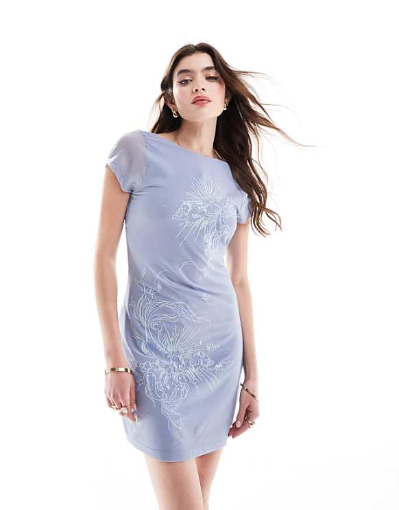ASOS DESIGN Short Sleeve With Floral Embroidery Mini Dress In Blue