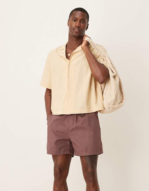 ASOS DESIGN shorter length linen blend shorts in brown