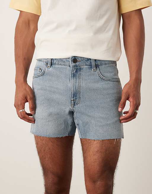 ASOS DESIGN Shorter Length Slim Denim Shorts With Rip Detail In Light Wash Blue