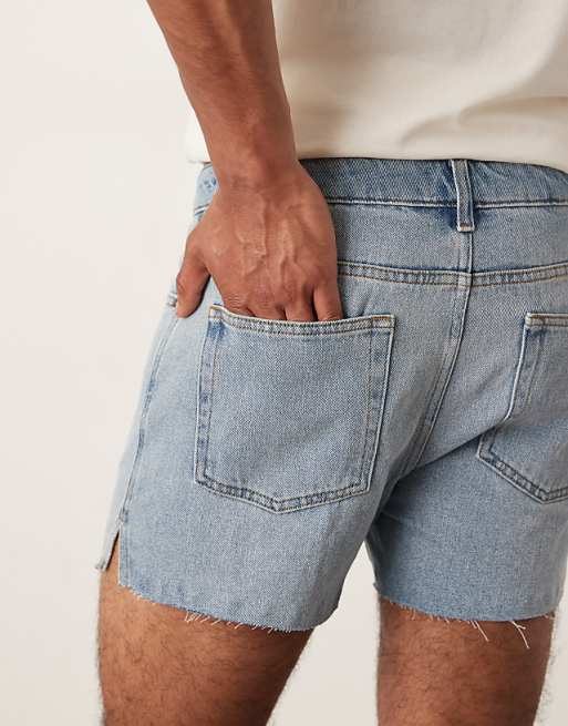 ASOS DESIGN Shorter Length Slim Denim Shorts With Rip Detail In Light Wash Blue