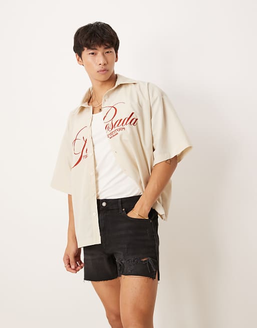 ASOS DESIGN Shorter Length Straight Fit Denim Shorts With Rip Detail In Black Wash