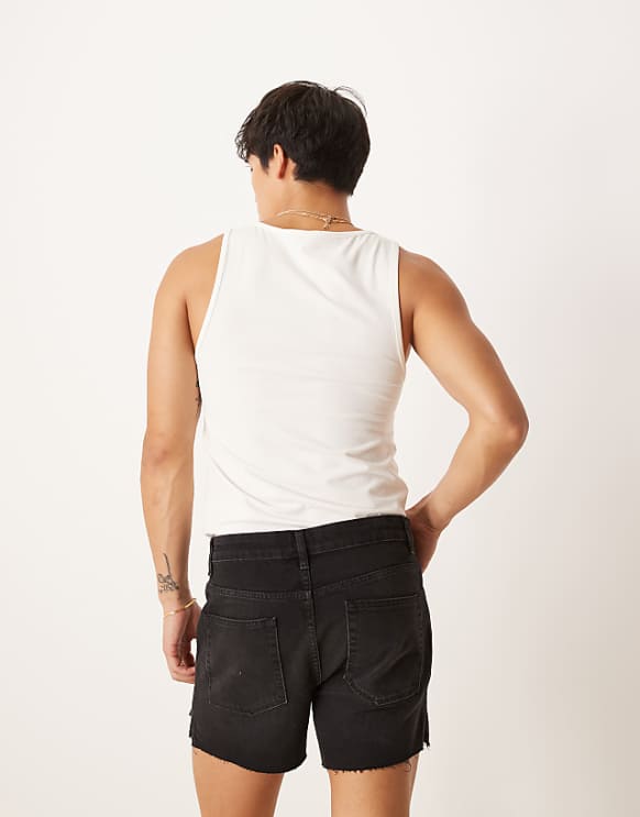 ASOS DESIGN Shorter Length Straight Fit Denim Shorts With Rip Detail In Black Wash