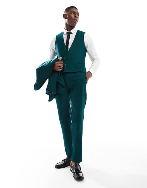 ASOS DESIGN Skinny Suit Waistcoat In Green Slub Texture