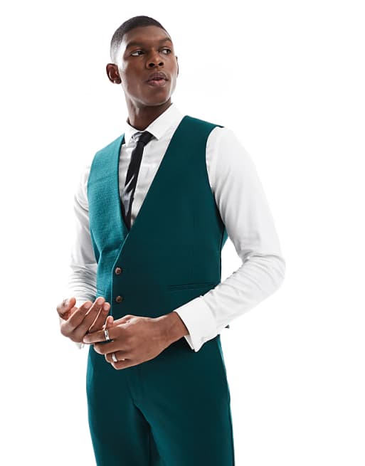 ASOS DESIGN skinny suit waistcoat in green slub texture