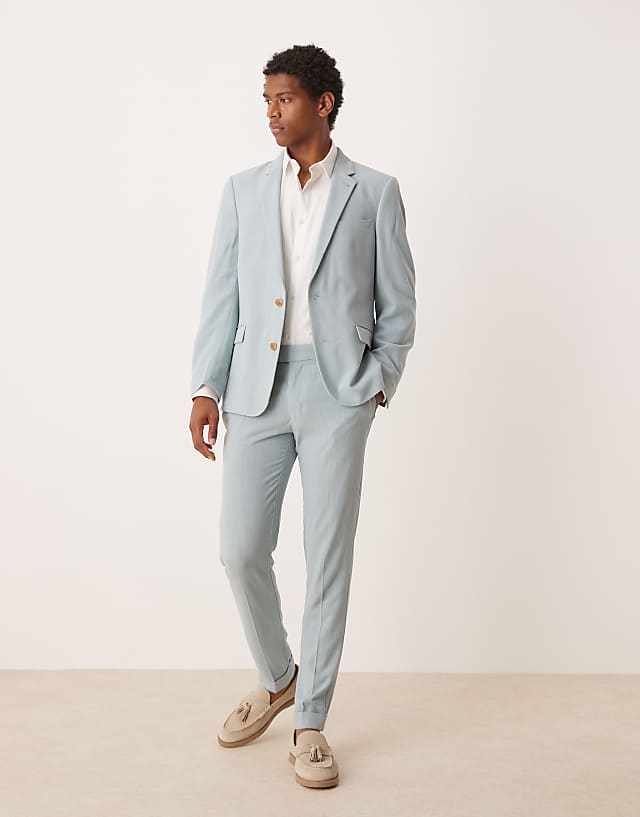 ASOS DESIGN skinny suit with linen in light blue microtexture
