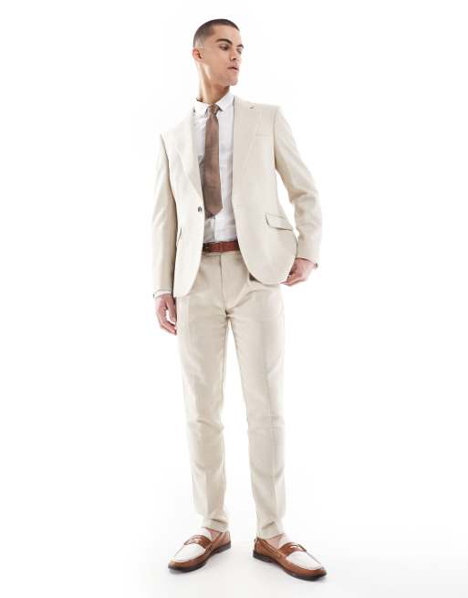 ASOS DESIGN Skinny Wool Blend Suit In Stone Herringbone