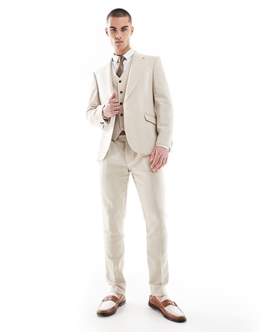 ASOS DESIGN skinny wool blend suit in stone herringbone
