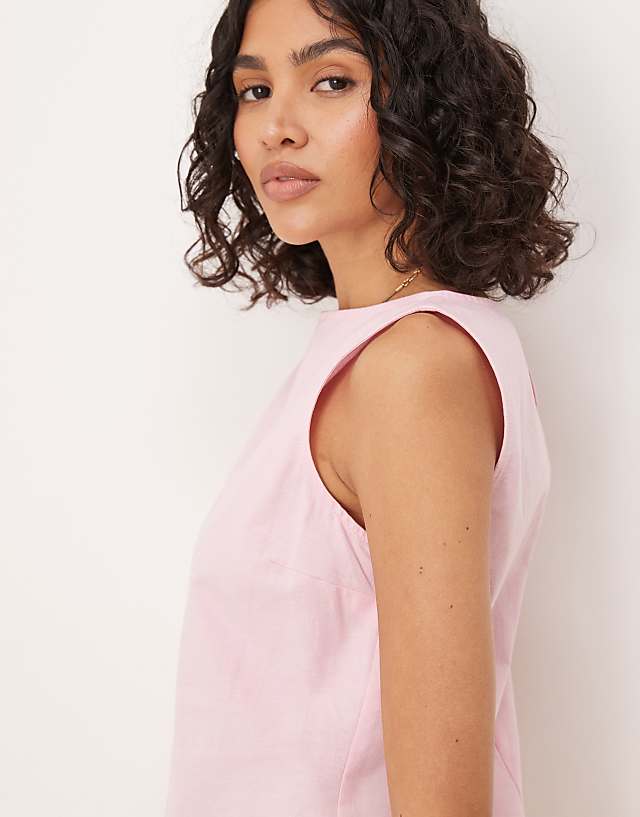 ASOS DESIGN Slash Neck Cotton Linen Mini Shift Dress In Pink