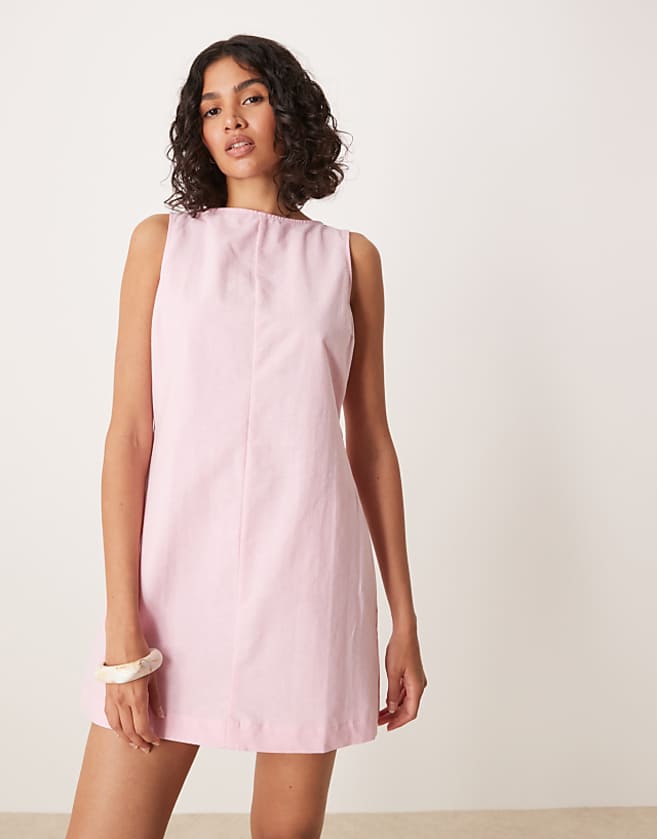 ASOS DESIGN Slash Neck Cotton Linen Mini Shift Dress In Pink
