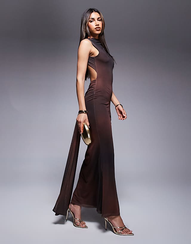 ASOS DESIGN Sleeveless With Open Back And Drape Detail Maxi Dress In Black And Red Print